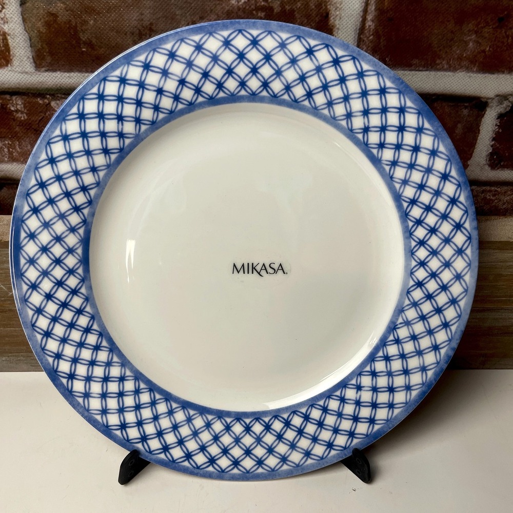 Mikasa Kiley Bone China Dinner Plate Blue Lattice Pattern-Set Of Four- NEW